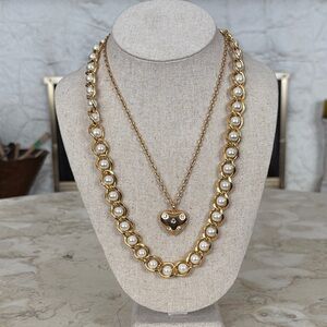 Set of 2 Gold Tone Necklaces - Chunky Pearl  & Rhinestone Puffy Heart